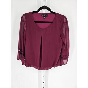 IN San Francisco Womens Sz S Long Sleeve Sheer Sleeve Blouse Dark Burgundy